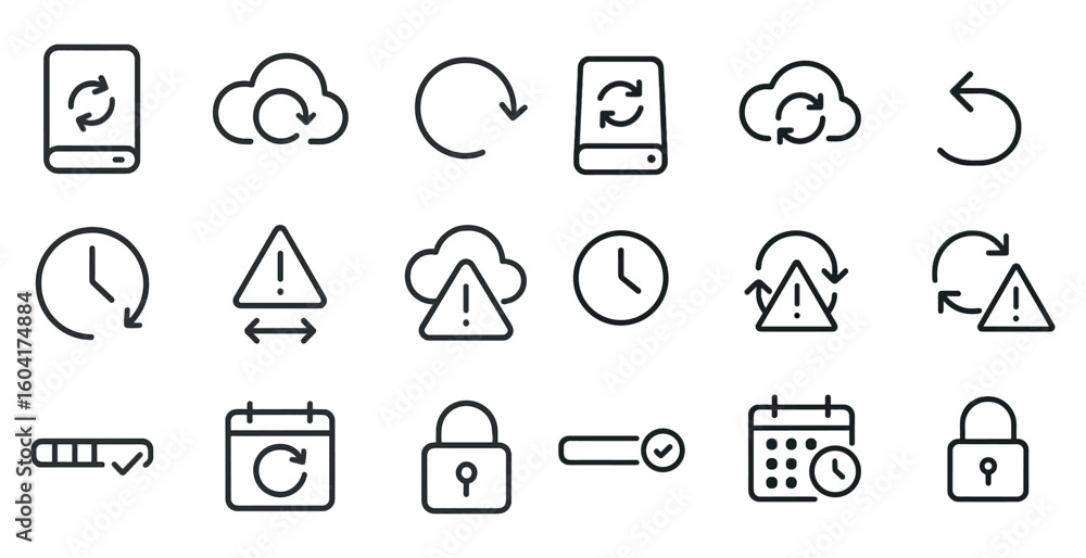 Poster cloud and data sync icons set – outline, linear, update and security symbols