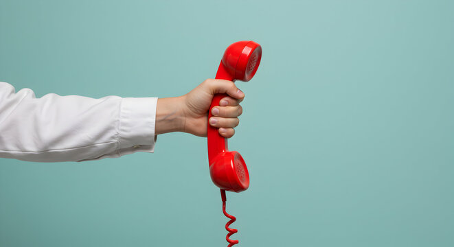 A hand in a white shirt holds a vintage red rotary phone, ready to make a call, connecting people across distances with classic communication.