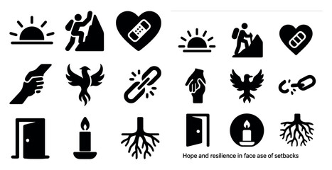 Resilience and hope solid icons set – filled, courage, inspiration symbols