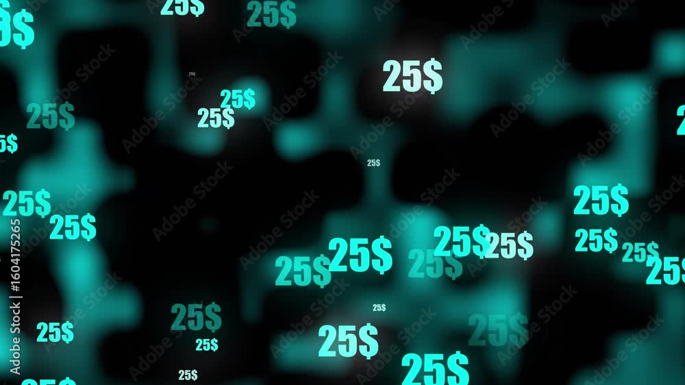 Poster animated neon green dollar signs floating on black background with glowing abstract shapes – repeati