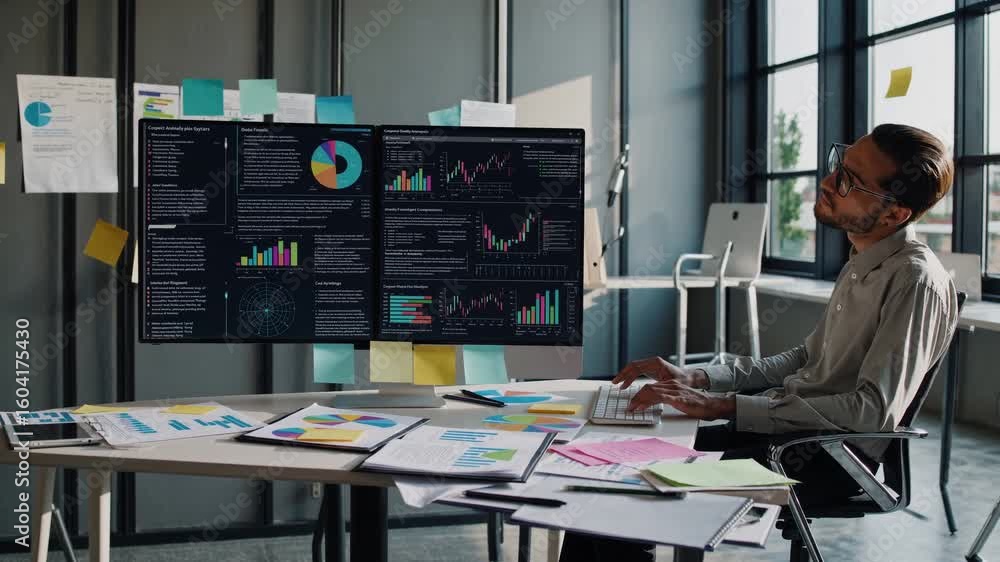 Poster diligent data analyst at work, focused and efficient stock image ideal for business presentations or