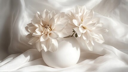 Cream dahlias in white vase, soft fabric
