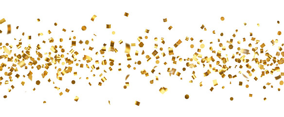 Freeze-frame of midair gold confetti for celebration ads on transparent background