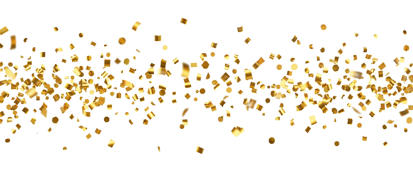 Freeze-frame of midair gold confetti for celebration ads on transparent background