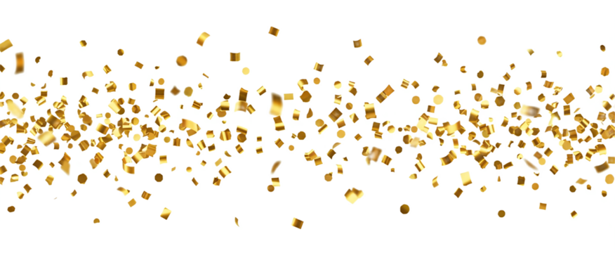 Freeze-frame of midair gold confetti for celebration ads on transparent background