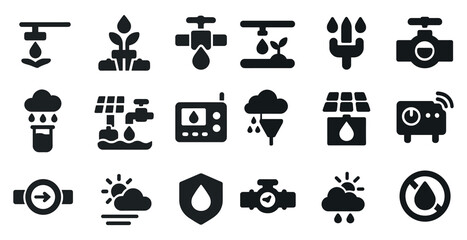 Water and irrigation solid icons set – filled, watering, agriculture symbols
