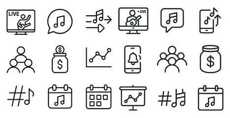 Music and audio line icons set – outline, vector, sound and concert symbols