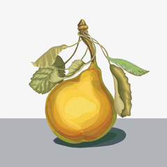A bright and juicy pear with a smooth gradient texture and rich green leaves. Hand-drawn in watercolor technique. Perfect for food design, organic branding, product packaging or decor.