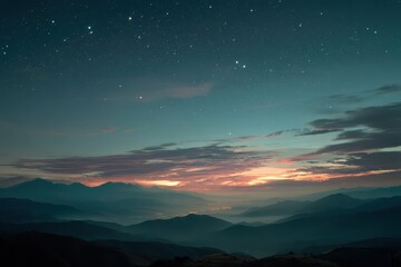 Mountain sunrise with fog and stars. Background for a travel, or spiritual site