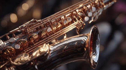 Obraz premium Golden saxophone close-up showcasing musical instrument craftsmanship detail