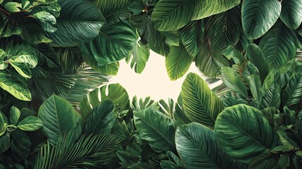 Tropical jungle foliage framing empty space in center, exotic green leaves background for nature and travel themes