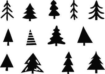 Black and White Illustration Collection of Ten Simple, Stylized Christmas Trees