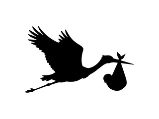 Stork flying with baby silhouette vector flat illustration design.