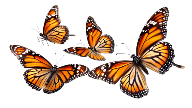 Three Monarch Butterflies in Flight: Vibrant, Detailed, Black Background