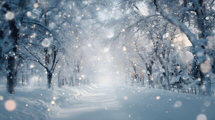 A snowy path through a winter wonderland with trees heavily laden with snow and sparkling bokeh lights