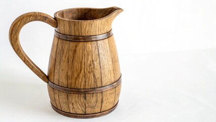 An elegant wooden pitcher with metal accents on a white background