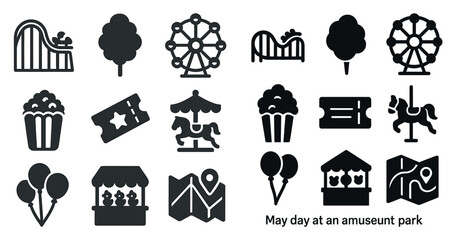 Amusement park solid icons set – silhouette, filled, theme park and fun symbols