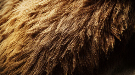 Close-up of brown bear fur on a living animal, warm brown shades with layered thick hair