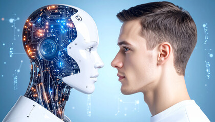 Generated i반은 인간 얼굴, 반은 AI 로봇 얼굴로 중앙에서 나뉜 모습, 로봇 쪽 얼굴에는 회로 패턴이 빛나고 있으며, 배경에는 디지털 입자들이 떠다니는 3D 렌더링 이미지.mage