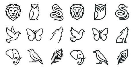 Wildlife and nature outline icons set – linear, animal, ecosystem symbols