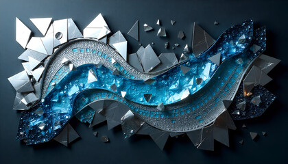 Abstract 3D artwork with metallic and translucent blue crystal-like shards on a textured surface.