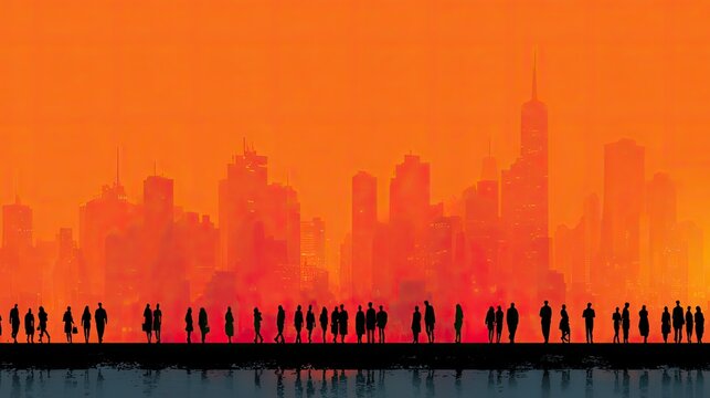 Urban silhouette group scene with diverse people against city backdrop, community teamwork concept for business, design ads