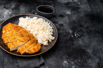 Delicious katsu style dish, featuring a perfectly cooked chicken meat cutlet served alongside steamed rice for a balanced meal. black background. top view