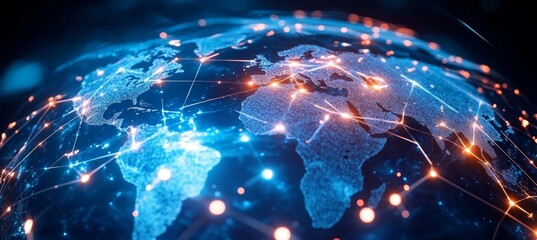 Globalization and Innovation A Glowing Planet Symbolizing Data Networking and Digital Connectivity