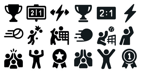 Sports and activity solid icons set – filled, fitness and competition graphics