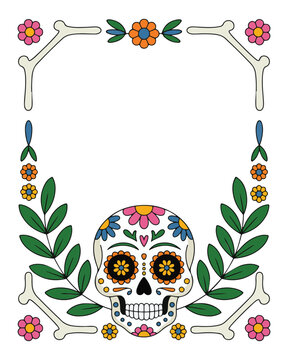 Decorative frame with a colorful sugar skull and floral elements for day of the dead celebrations