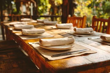 Rustic wooden table set for a meal outdoors