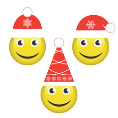 Merry Christmas and Happy New Year illustration. Yellow smileys in a New Year's hat on a white background