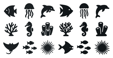 Fototapeta premium Marine life silhouette icons set – ocean, sea creatures, aquatic symbols