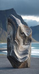 Abstract stone sculpture, swirling patterns, on a coastal road, dramatic mountains, cloudy sky
