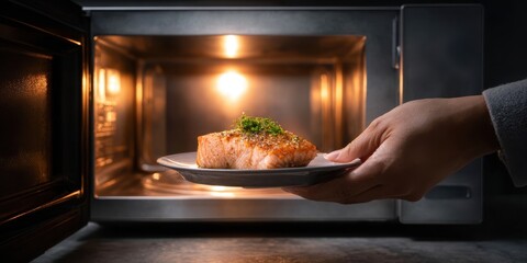 A hand holding a plate of perfectly cooked salmon, garnished with herbs, fresh from the microwave.