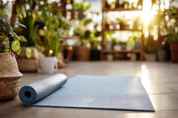 Light-blue yoga mat rolled up on tiled floor, surrounded by plants in a sunny greenhouse