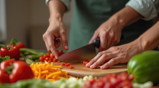 Close-up couple's hands cutting vibrant vegetables together, warm lighting highlights fresh produce, collaborative cooking teamwork - Powered by Adobe