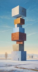 Towering cubes in a winter landscape