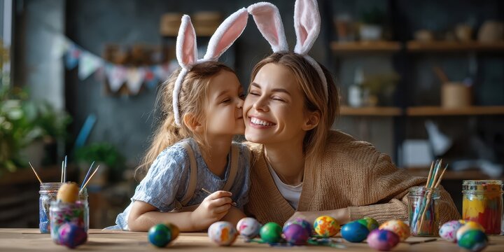 A heartwarming scene of a mother and daughter sharing love and laughter while decorating colorful Easter eggs together, embodying the spirit of creativity and family bonding. - Powered by Adobe