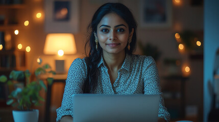 A woman in a light floral print blouse works at her laptop in a cozy setting, useful for articles on productivity and comfortable work environment.