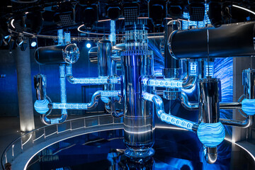 Innovative Water-Water Nuclear Reactor Model Showcased in a Modern Exhibition Space With a Futuristic Design and Blue Lighting