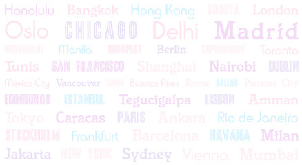 Travel background graphic design. City name words subtle typography pattern for a rectangular product.