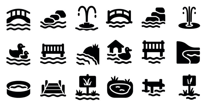 Garden water features icons set – solid, filled, fountains and pond symbols