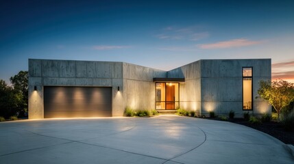 The modern concrete house illuminated at twilight in a serene landscape setting.