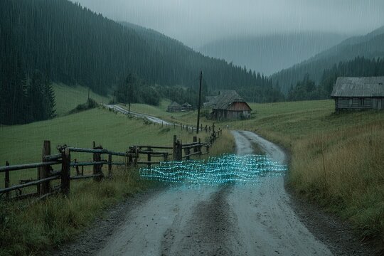 A rustic, rain-swept mountain valley road, with a weathered wooden fence and houses.  A faint, light-blue digital overlay