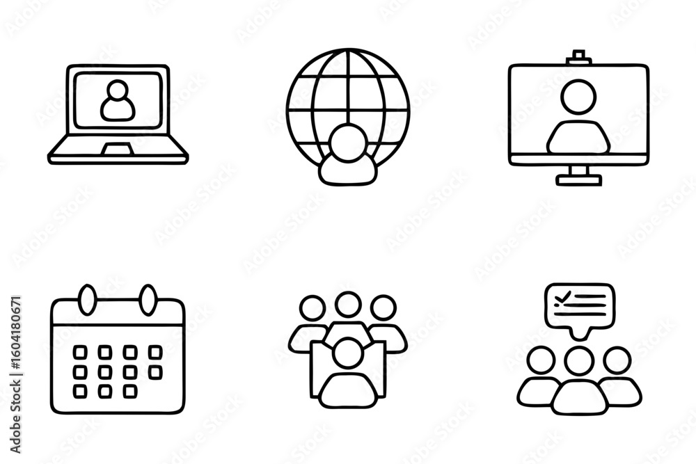 Poster line icons representing online meetings and scheduling tools