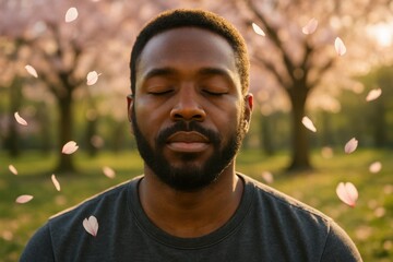 Close-up  man's peaceful face meditating in spring park, falling cherry blossoms, gentle sunlight, serene inner calm