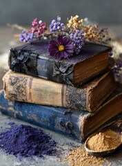 Stack of antique books, adorned with dried flowers and natural dyes