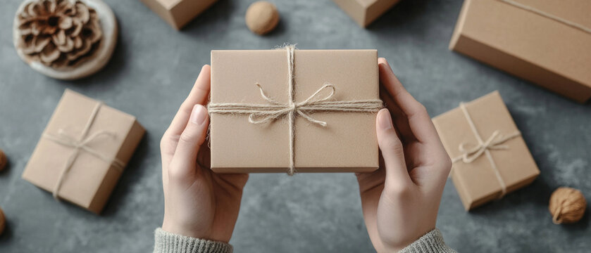 Hands holding a wrapped gift tied with twine. Useful for articles about gifts and gift wrapping, holiday events and wrapping workshops.