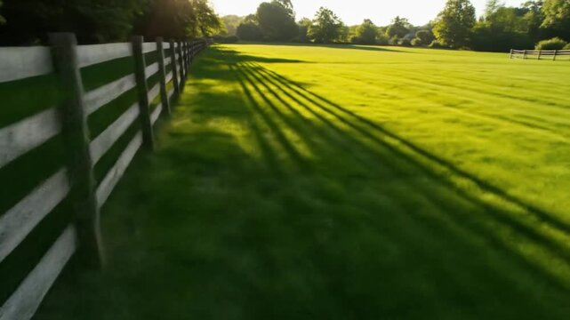 Fenceline shadows on grassy field